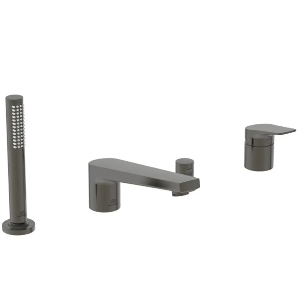 Badarmatur von Ideal Standard in Magnetic Grey, bestehend aus Wannenrandarmatur und Handbrause, mit verschiedenen Bedienelementen.